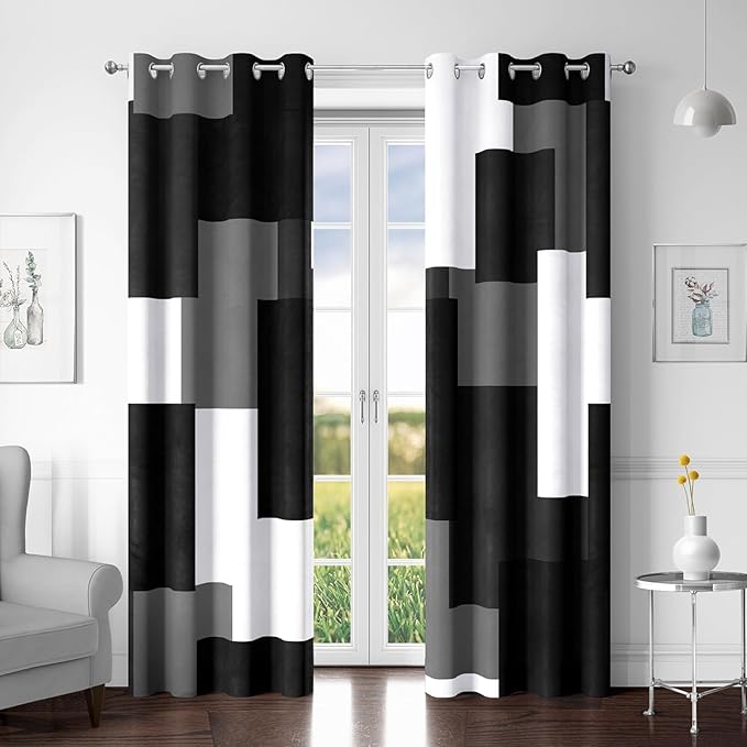Black Grey 100% Blackout Curtains for Bedroom 96 inch Long 2 Panels Set White Grey Modern Abstract Geometric Black Out Curtains Insulated Room Darkening Window Drapes for Living Room, 52Wx96L