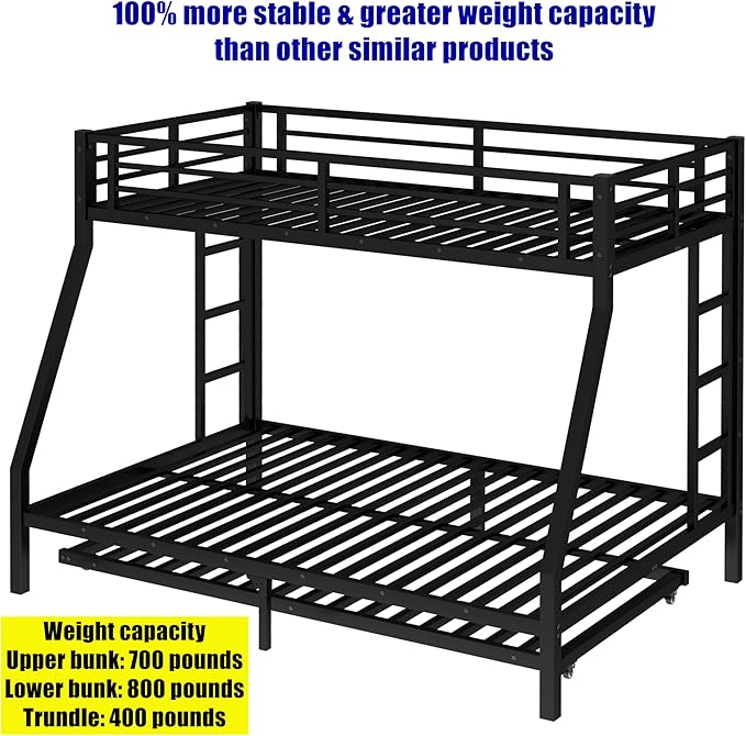 Upgraded & Stronger Heavy Duty Metal Twin Over Full Bunk Bed with Twin Size Trundle for Adults & Teens, Thickened More Stable Safer Bunkbeds (Greater Weight Capacity)