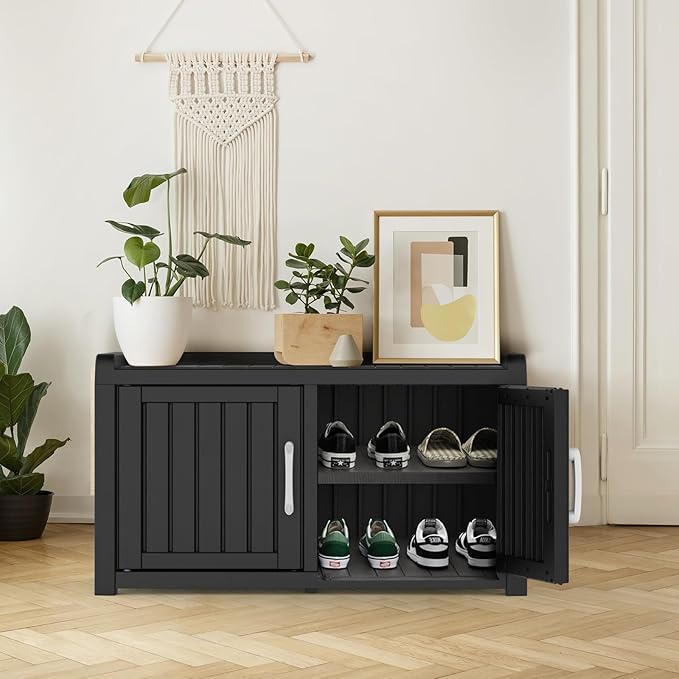 ROJIK Shoe Cabinet Waterproof UV-Resistant,Storage Bench Indoor Outdoor with Adjustable Shelves,for Entryway Bedroom,Hallway,Living Room(Double Door,Black)