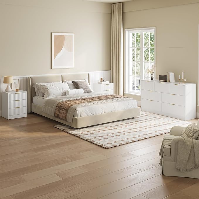 7 Drawer Dresser & Nightstand Set, 3-Piece White Fluted Dresser and Night Stand Set of 2 with Metal Handle, Modern Wood Chest of Drawers Storage Dressers Set for Bedroom, White