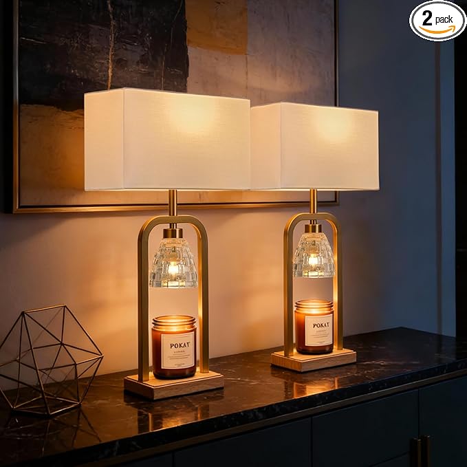 PoKat Gold Table Lamps for Bedroom with Candle Warmer & Timer, Mid Century Modern Bedroom Lamps for Living Room Night Stands, Bedside Lamps for End Table, Dinning, Bathroom, Bulbs Included