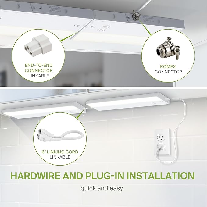ASD 12 Inch LED Under Cabinet Lighting Plug in or Hardwired, High/Low/Off Switch, 5W 120V 3 CCT 2700K/3000K/4000K CRI90+, Triac Dimmable Linkable Under Counter Lights for Kitchen, ETL Listed, White