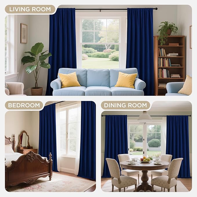 Joydeco Royal Blue 100% Blackout Curtains 96 Inch 2 Panels, Luxury Thermal Royal Blue Velvet Curtains for Bedroom Living Room, Soundproof Blackout Window Drapes, Grommet Top (52W x 96L)