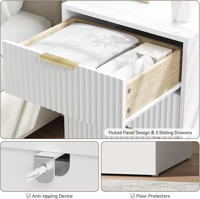 9 Drawer Fluted Dresser & Nightstand Set 3-Piece, 63” Long Dresser and Night Stand Set of 2, Fluted Modern Wood Chest of Drawers Storage Dressers Set for Bedroom, White