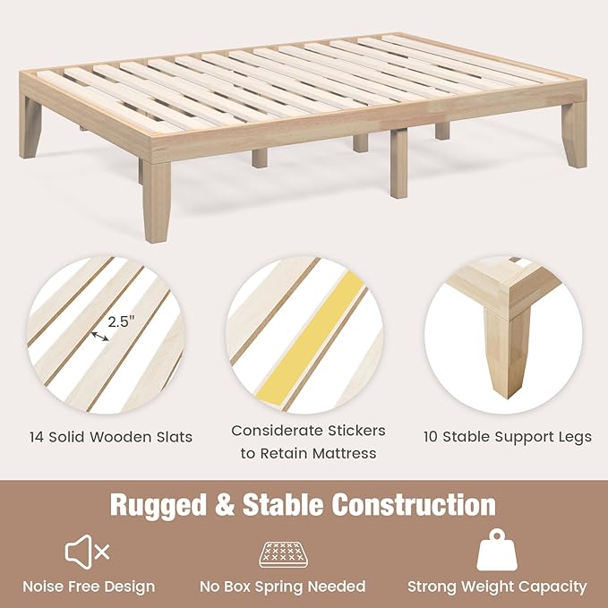 Giantex 14 Inch Full Wood Platform Bed Frame, Minimalist Style Mattress Foundation with Solid Rubber Wood, Heavy Duty Slat Support, Without Headboard, Easy Assembly, No Box Spring Needed, Natural