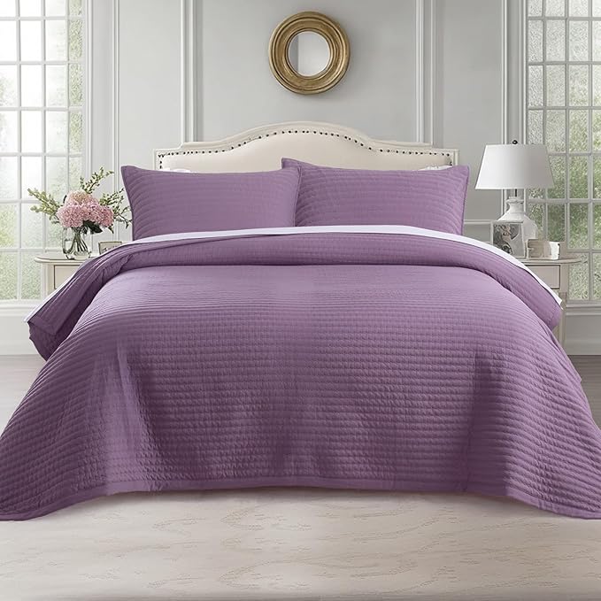 KASENTEX King XL Quilt Set 108"x98" – Soft Washed 3-Layer Lightweight Bedspread, Minimalist Nordic Design, All-Season Spring & Summer Quilt Set (1 Quilt + 2 Pillow Shams),Grape Jam Purple