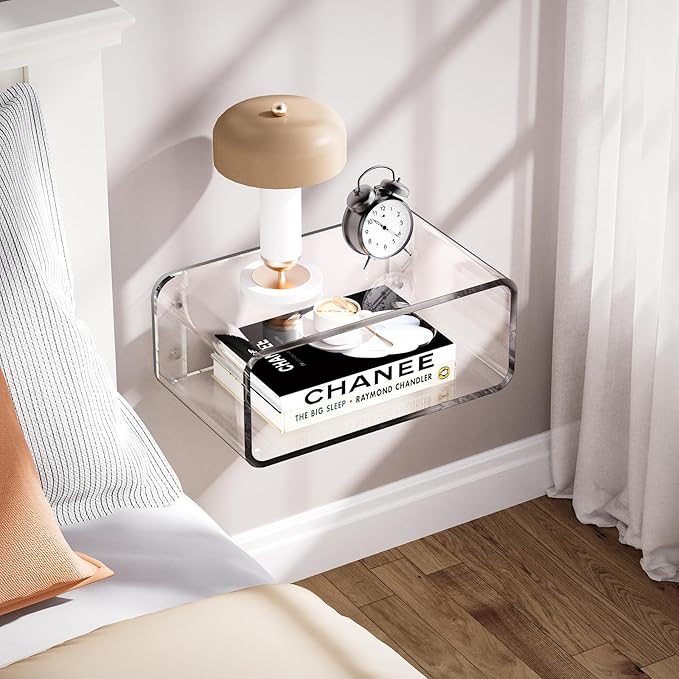 Acrylic Floating Nightstand, Bedside Table, Nightstand Shelf Wall Mounted Bedside Shelf (Clear, Small)