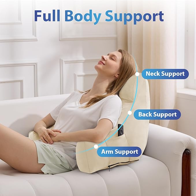 IPYNBAP Reading Pillow with Arms for Adult, Back Pillow for Bed Sitting Up, Shredded Memory Foam Backrest Pillow with Pockets & Removable Washable Cover, Lounging, Watching TV, Reading(20" Beige)