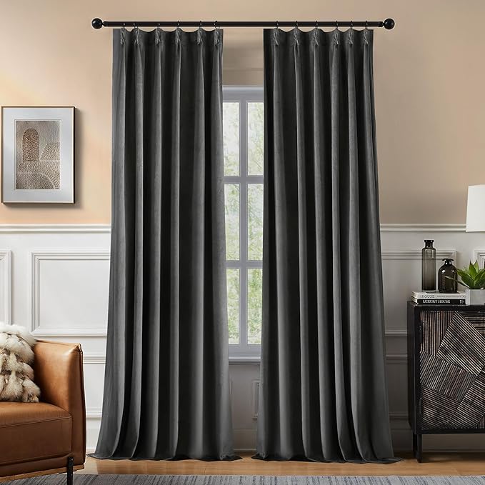 Pinch Pleated 100% Blackout Curtains for Bedroom, Grey Velvet Curtains for Living Room, Black Out Curtain 86 inch Long Room Darkening, Blackout Pinch Pleat Drapes with Hooks 2 Panels