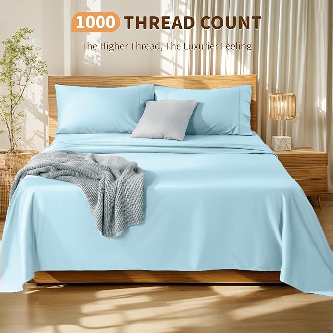 LBRO2M 100% Cotton Sheets Set Deep Pocket 19", 1000 Thread Count Queen Size 4 Piece Bed Sheet Sets Soft Comfortable Bedding All Season (Queen, Light Blue)