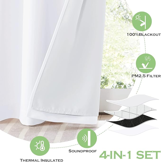 KGORGE Anti Dust Soundproof 100% Blackout Curtains 4 Layers Heavy Duty Energy Efficiency Window Curtains for Living Room Baby Bedroom Home Office Studio, Wide 52 x Long 90 inches, White, 2 Panels