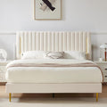 Queen Platform Bed Frame, Velvet Upholstered Bedframe with Vertical Channel Adjustable Headboard, Golden Plating Trim, Mattress Foundation with Wooden Slats, No Box Spring Needed, Beige