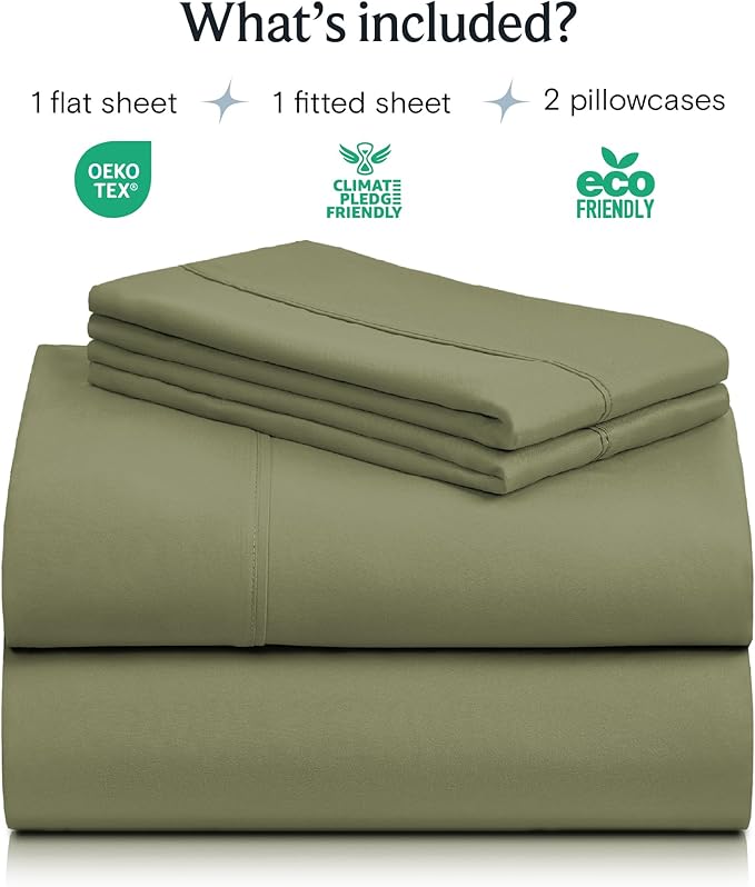 LuxClub 4 PC King Sheet Set, Deep Pockets Wrinkle Free Cooling Bed Sheets Hotel Bedding for Women, Men, Includes 1 Fitted Sheet, 1 Flat Sheet and 2 Pillowcases-Soft Olive