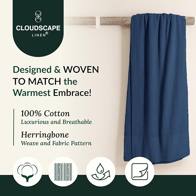 Cloud Scape Linen 100% Cotton Throw Blanket 50x70 Ensign Blue, Luxury All-Season Warmth, Ultra Soft, Oversized Herringbone Gauze Blanket for Winter, Bed, Couch & Sofa Decor, Best Gift Idea