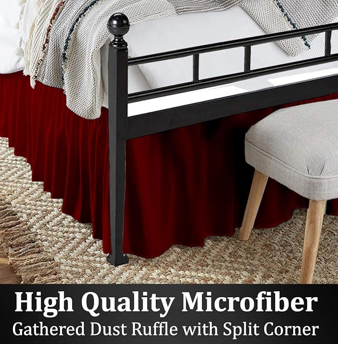 Ruffled Bed Skirt with Split Corners, Burgundy, Twin 12 Inch Drop Bedskirt, Hotel Quality Brushed Microfiber Wrinkle Free Dust Ruffle Bed Skirt Twin Size