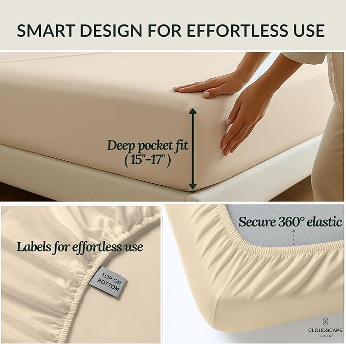 Cloud Scape Linen 100% Egyptian Cotton Sheets Full Size, 4 Pieces Luxury Bedding Set, 400 Thread Count,Hotel Quality, Silky Soft, Deep Pockets up to 17, Ivory