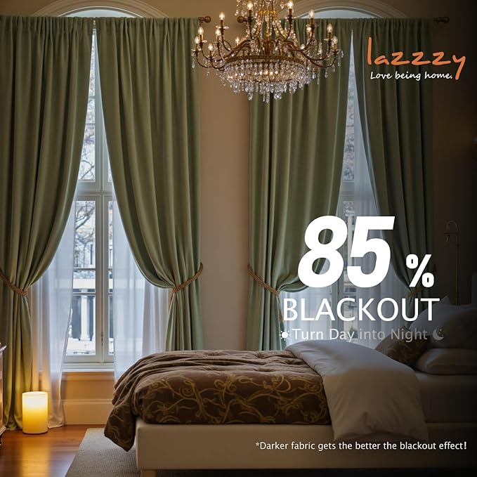 Lazzzy Velvet Blackout Curtains Thermal Insulated Room Window Drapes Super Soft Luxury Curtains for Living Room Bedroom Rod Pocket 2 Panels, Olive Sage, 62" W x 84" L