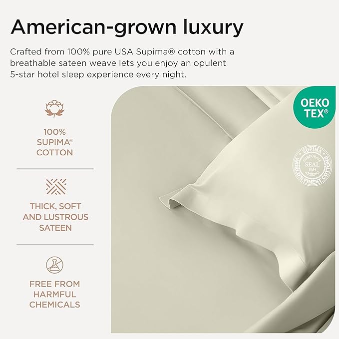 Threadmill Luxury 100% Supima Cotton Sheets, Premium 1200 Thread Count Cotton Sheets for Queen Size Bed, 4 Pc Ivory Bed Sheets Queen Set, 5-Star Hotel Quality Elasticized Deep Pocket Bed Sheets Set