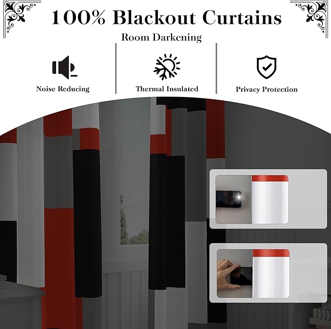 Red Black 100% Blackout Curtains 45 inch Length 2 Panels Set White Grey Modern Abstract Geometric Drapes for Kitchen Black Out Curtains Insulated Room Darkening Small Window Curtains, 42Wx45L
