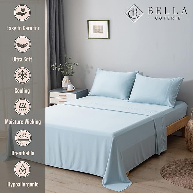 Bella Coterie Luxury Bamboo Viscose Split King Size Sheet Set | 2 Fitted Sheets for Sleep Number & Adjustable Beds | 100% Organically Grown | Cooling & Ultra Soft | 18” Deep Pocket [Coastal Blue]