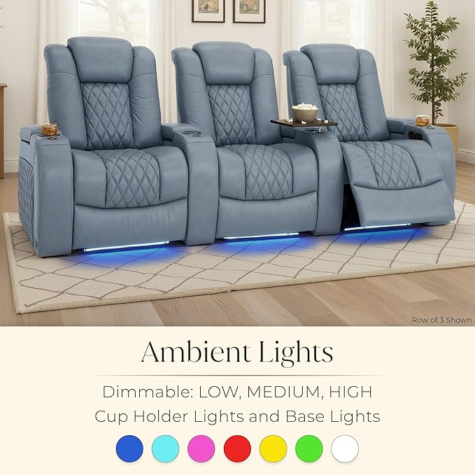 Seatcraft Diamante Zero-Gravity CoolZero Italian Leather Home Theater Seating, Power Headrest, Power Recline, Row of 3, Smokey Blue