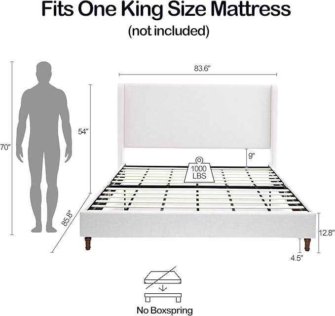 Harper Upholstered Bed with 54" Tall Headboard - Wingback Chenille Platform Bed Frame, Solid Wood Feet, Sturdy Metal Base, Easy Assembly (Textured Ivory, King (U.S. Standard))