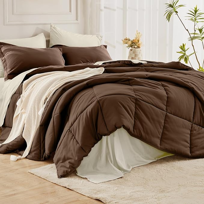 JOLLYVOGUE Twin XL Comforter Set, Ultra-Soft Bed in a Bag Twin XL Size 5 Pieces, Oeko-TEX Certified Bedding Set with Down Alternative Comforter, Sheets, Pillowcases & Shams, Brown & Beige