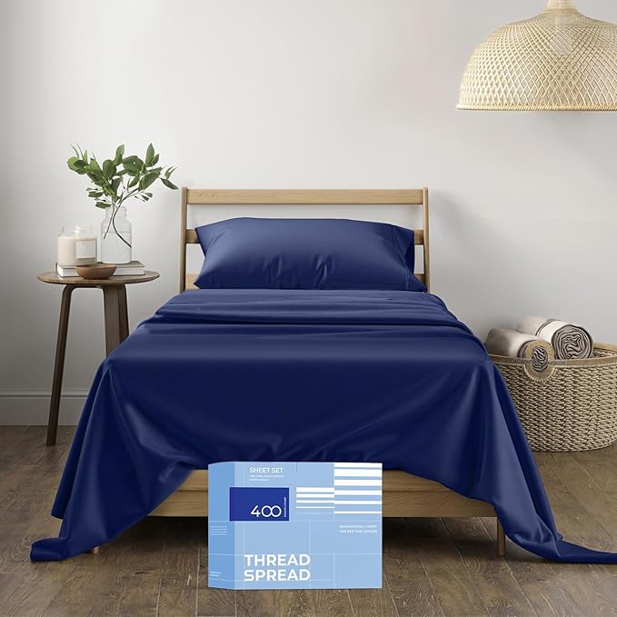 THREAD SPREAD 100% Cotton Sheets Twin Size - 400 Thread Count Cotton Bed Sheets Twin, 3 PC Set (Navy Blue), Luxury Soft, Breathable, Cooling, Sateen Weave 16" Deep Pocket Bedsheet for Dorm Rooms