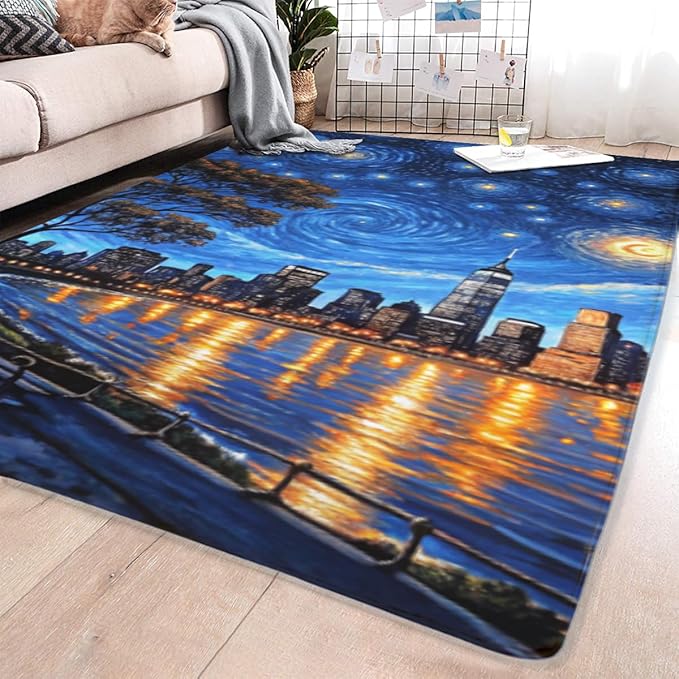 Machine Washable 5' x 7' Oil Painting-Style Area Rug, Bule Floor mat, Suitable for bedrooms, Girls' Room Bedside, Living Room, Dining Room, Office, Non-Slip Low-Pile Stars and Swirls Carpet