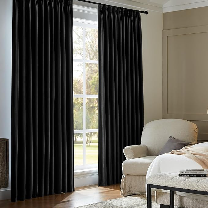 Pinch Pleated 100% Blackout Curtains for Bedroom, Black Velvet Curtains for Living Room, Black Out Curtain 108 inch Long Room Darkening, Blackout Pinch Pleat Drapes with Hooks 2 Panels