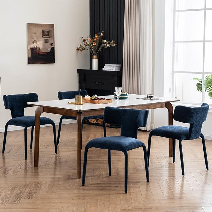 Kidol & Shellder Dining Chairs Set of 2,Modern Upholstered Fabric Dining Room Chairs with Curved Barrel Back,Armless Kitchen Chairs with Metal Legs and Padded Seat for Living Room and Bedroom Blue