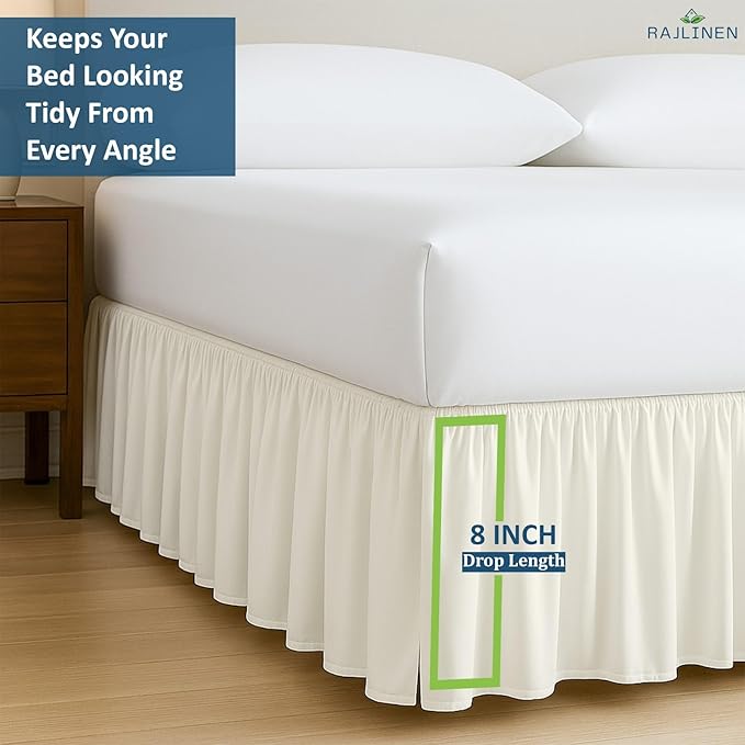 Rajlinen Ruffled Bed Skirt Full, 8 Inch Drop Dust Ruffle with Split Corners, 100% Microfiber Bedskirt with Platform, Three-Sided Coverage Ruffled Gathering Design, Ivory