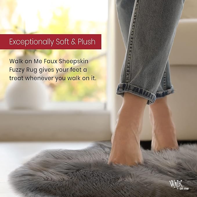 Walk on Me Silky Soft Faux Fur Area Rug, 3 ft. x 5 ft. Gray Fluffy Sheepskin for Living Room, Bedroom, Kid's Room, or Nursery, Home Decor Accent with Non-Slip Backing, Machine Washable