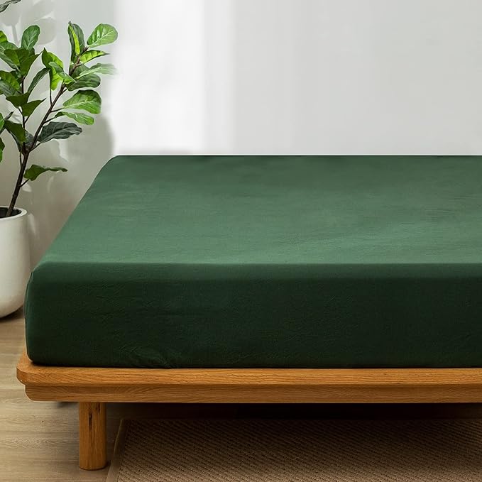 MooMee Fitted Bottom Sheet Only 100% Washed Cotton Linen Like Textured Breathable Durable Soft Comfy Deep Pocket Fits Mattress up to 17" (Forest Green, Queen)