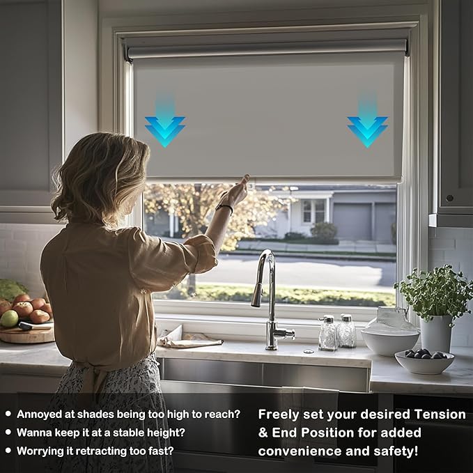 HESTIA No Drill Cordless Blackout Roller Shades Screwless Waterproof Shower Window Blinds, Auto-Retraction Easy Install Blind for Bathroom/Kitchen/Office/Exterior, Grey, 33.5" W x 54" H