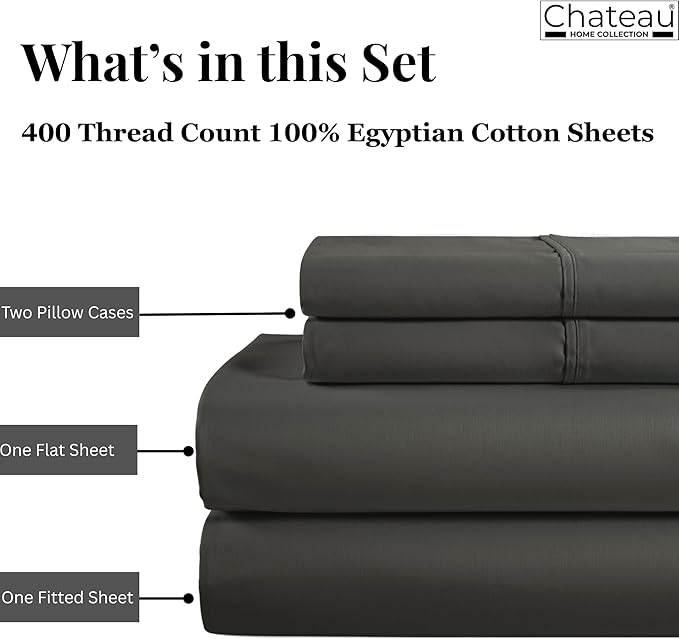 100% Cotton Sheets King Size Sheets Set With Fitted Sheet & Pillowcase Sets, 400 Thread Count Sateen Weave 4 Piece Deep Pocket King Sheet Set, Soft & Comfy Naturally Cool Luxury Bedding- Charcoal