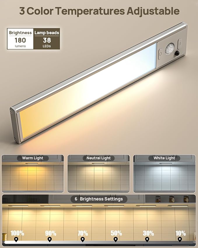 Under Cabinet Lights Wireless,Motion Sensor Light Indoor Closet Lights with Remote Control,3 Color Temps,LED Rechargeable Battery Operated,Under Counter Lights for Kitchen,Wardrobe,Stairs,4 Pack
