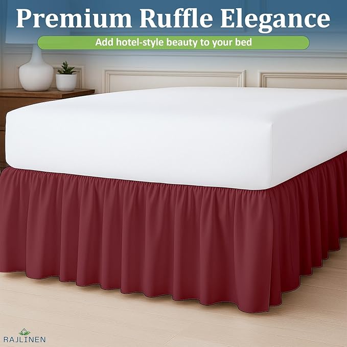 Rajlinen Ruffled Bed Skirt Twin, 16 Inch Drop Dust Ruffle with Split Corners, 100% Microfiber Bedskirt with Platform, Three-Sided Coverage Ruffled Gathering Design, Burgundy