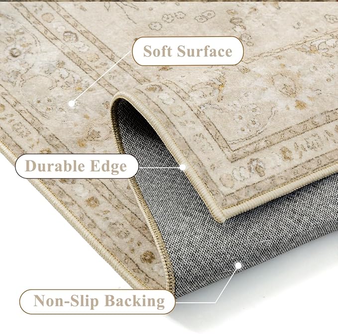Brown 8x10 Area Rug Washable Vintage Carpet for Living Room Bedroom Large Soft Retro Floral Low Pile Thin Indoor Rug Non Slip Central Medallion Floor Cover for Dining Room Office