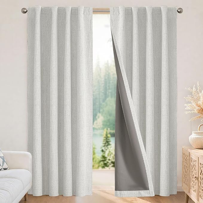 Joydeco Linen Blackout Curtains for Bedroom - 100% Light Blocking 1 Panels, White Drapes 100" W x 90" L, Thermal Insulated Room Darkening Curtains for Living Room, Rod Pocket & Back Tabs