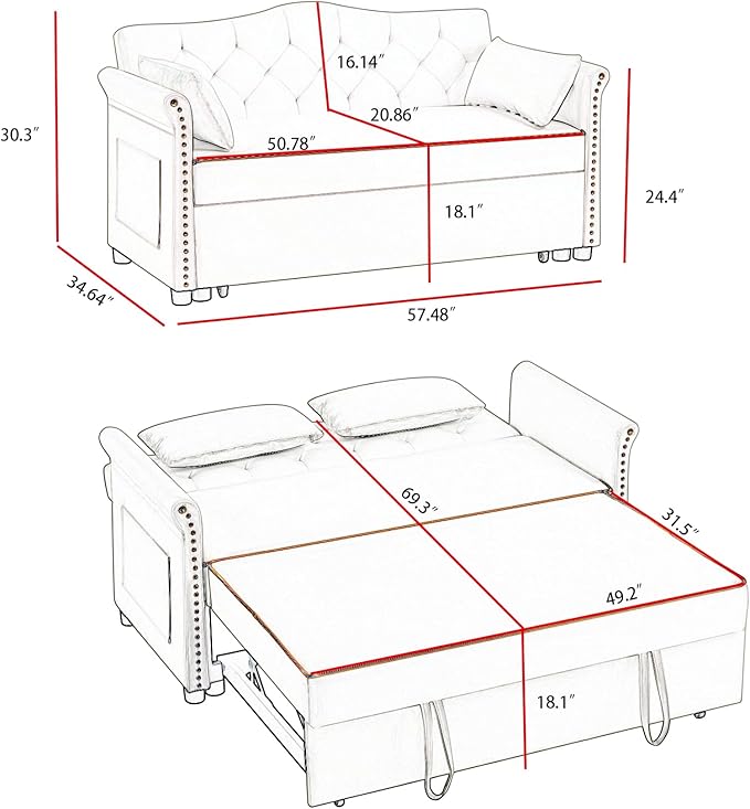 57'' Convertible Sleeper Sofa Bed with Adjustable Backrest, Chaise Lounge, 2 Pillows & Side Storage Pockets – Stylish & Functional Furniture for Living Room or Small Spaces (Black Sofa Bed)