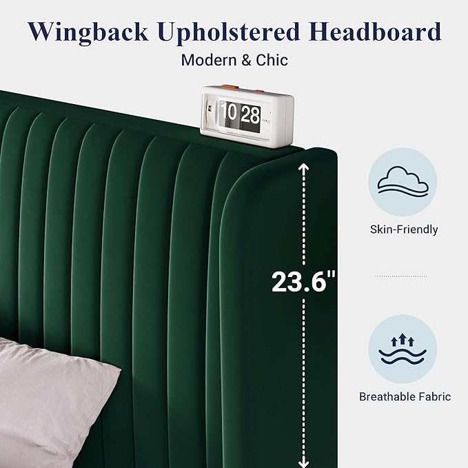Allewie Queen Size Bed Frame/Velvet Upholstered Platform Bed/Vertical Channel Tufted Wingback Headboard/Strong Wooden Slats/No Box Spring Needed/Easy Assembly/Green