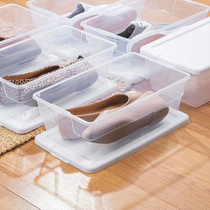 Sterilite 6 Qt Storage Box, Stackable Bin with Lid, Plastic Container to Organize Shoes and Crafts on Closet Shelves, Clear with White Lid, 1-Pack