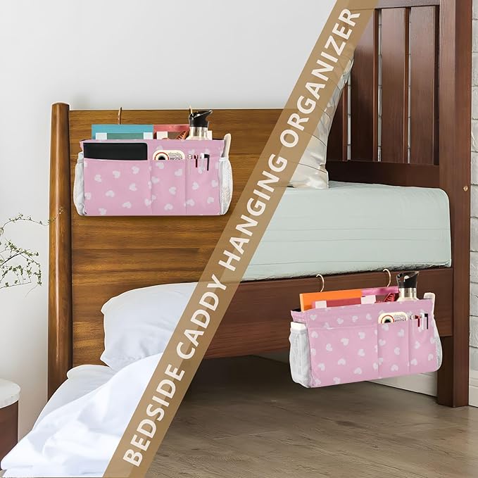 Bedside Caddy Hanging Bunk Bed Caddy Bed Organizer Hanging Pocket with 2 Hooks Bedside Storage Organizer Pocket Bag Holder Heart Pink