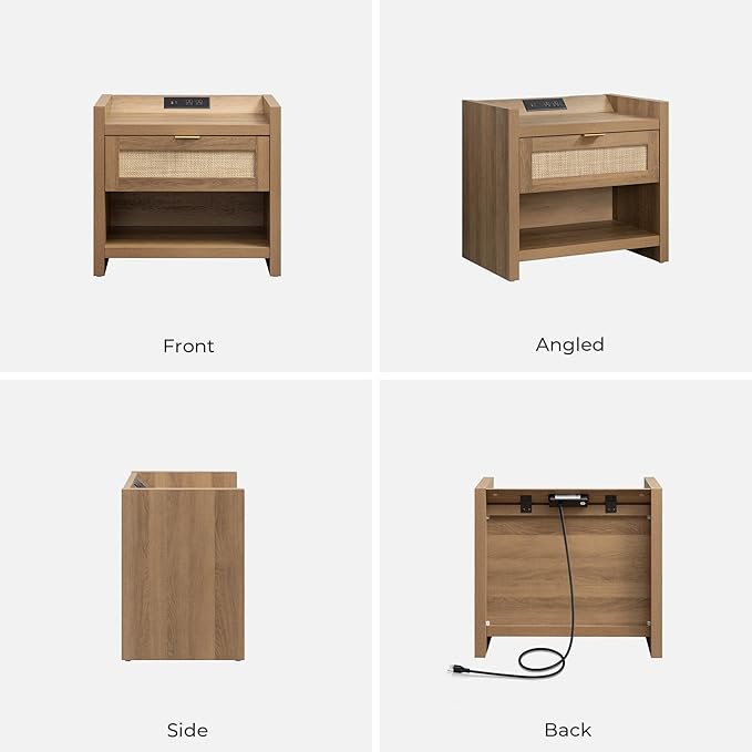 SICOTAS Night Stand Bed Side Table - Rattan Nightstand with Type-C Charging Station,Drawer Storage End Table - Boho Bedside Night Stands for Bedroom - Natural Oak