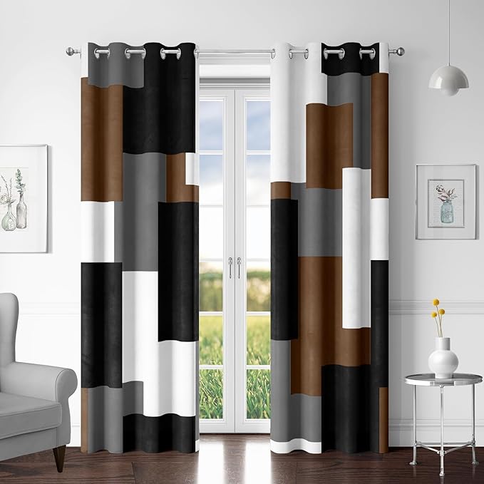 Brown 100% Blackout Curtains for Bedroom 84 inch Long 2 Panels Set Black White Gray Modern Abstract Geometric Black Out Curtains Insulated Room Darkening Window Drapes for Living Room, 52Wx84L