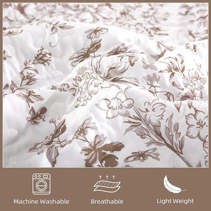 WONGS BEDDING King Size Quilt Set, Brown Quilt Bedding Set with 2 Pillowcases, Botanical Quilt for King Bed, Soft Microfiber Lightweight Coverlet Bedspread for All Season (110"×90", 3 Pieces)