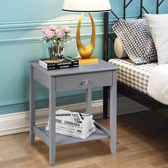 Giantex Nightstand Wooden 2-Tier Couch Sofa Side Table with Drawer, Storage Shelf, Solid Wood Legs,Mufti-Functional Home Furniture for Living Room Bedroom Study Room End Table (1, Gray)