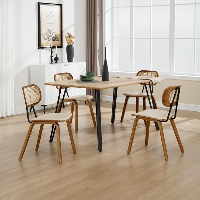 HEAH-YO Modern Dining Chairs Set of 6, Upholstered Faux Leather Dining Room Chairs with Rattan Backrest and Wood Legs, Armless Kitchen Chairs for Dining Room, Beige