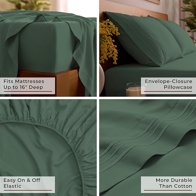 Mellanni Full Sheet Set - 6-Piece Iconic Collection Bedding, (Including 4 Pillowcases), 16-Inch Deep Pocket, Easy Care, Extra Soft, Cooling Sheets, Brushed Microfiber - Emerald Green